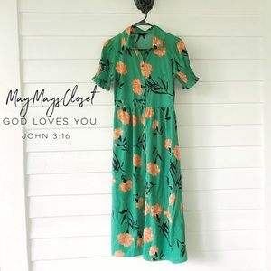 Wednesday’s Girl Floral Hawaiian Dress MIDI Button Green Orange XS Spring
